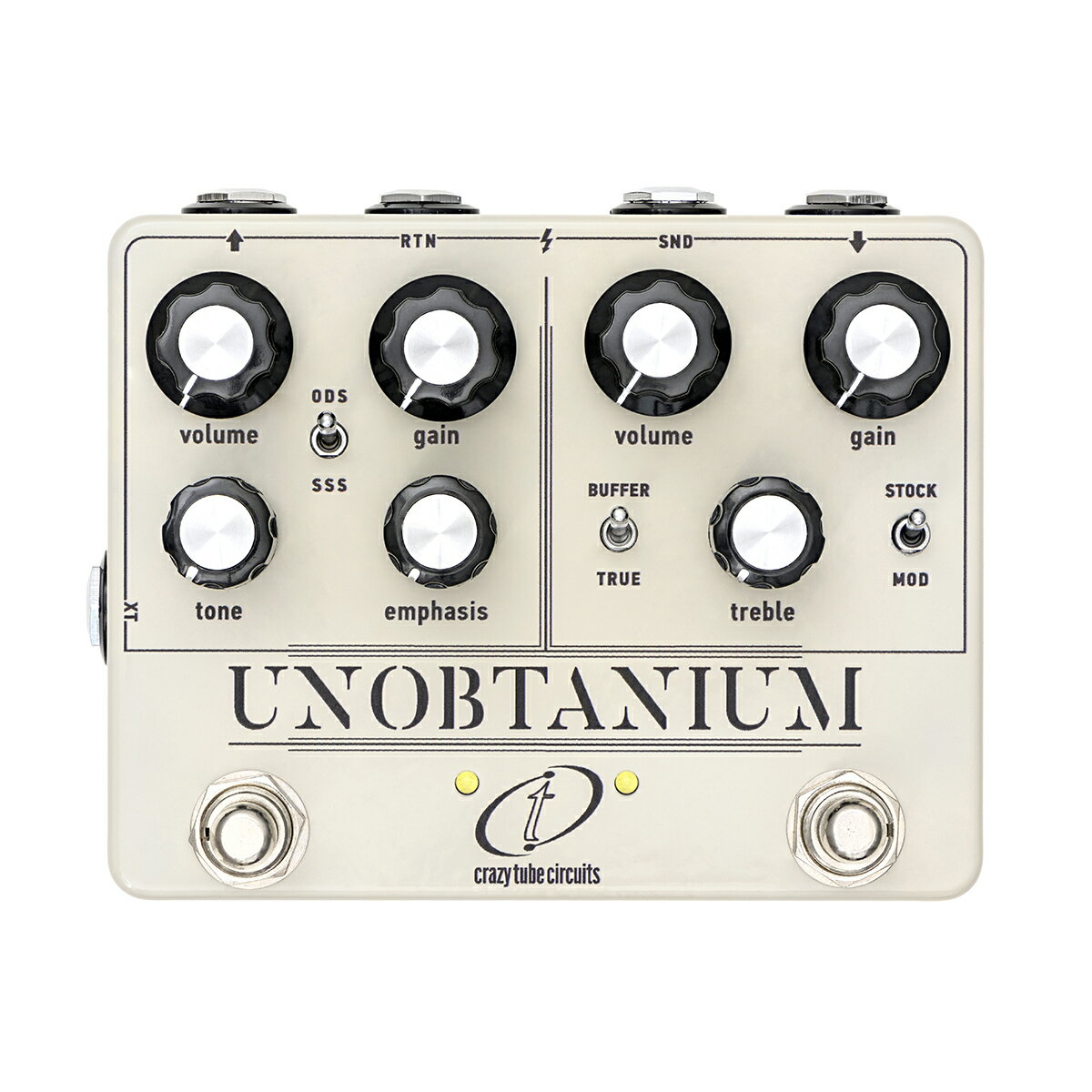 「Unobtanium《Dual Drive》 」 FEATURES 「Dumble」「KLON」を1台に集約！ Unobtaniumは、ナチュラルでレスポンスの良いサウンドが特徴的なギターアンプ「Dumble」と、オーバードライブの名機として知られるKLONオーバードライブを1台に集約した 2 in 1ペダルです。 左側のDumbleセクションは、ODS / SSSの2種類のアンプサウンドを設定することができます。ODSでは歌うようなスウィートで美しいドライブサウンドを、SSSではチューブアンプのようなファットでコンプレッションのある美しいクリアーなトーンを奏でることができます。 右側のオーバードライブセクションは、メインのオーバードライブとしてもそのポテンシャルを存分に発揮します。また本機のアンプセクションの前に位置することで、アンプセクションをオーバードライブやブースターでプッシュした音作りが可能です。 2つのセクションの間にはインサートが設けられています。他のべダルを接続したり、スイッチャーを用いることで2つのセクションを個別に使用することもできます。 特徴（左側） ・Gain : クリーンから甘く歌うオーバードライブまで調節します。 ・Emphasis : プレゼンスとボトムエンドのレスポンスをコントロールするためのプリドライブEQです。 ・Tone : ポストオーバードライブの高音域を調節します。 ・Volume : 全体の出力を調節します。バイパスされたボリュームに合わせたり、クリーンブーストまたはプリアンプとして使用可能です。 ・Mode : トグルスイッチは下記の異なる”Dスタイルオーバードライブ回路”を選択可能です。 　SSS : 自然なコンプレッションを備えたクリーンで透明なオーバードライブ 　ODS : 中周波数と倍音を強化したハイゲインオーバードライブ 特徴（右側） ・トランスペアレントなブーストから高いヘッドルームのオーバードライブまで調節可能です。 ・トレブルコントロールは高音域をブーストまたはカットするアクティブ回路で構成されています。 ・全体の出力を設定するボリュームノブは高いブーストレベルまで設定可能です。 ・トグルスイッチでオリジナルのバッファーバイパス、またはトゥルーバイパスを選択可能です。 ・トグルスイッチでストッククリッピング、またはエンハンスドゲインとなるMODクリッピングを選択可能です。Gainコントロールと組み合わせてローゲインサウンドもハイゲインも自在に操ることができます。 ・XTスイッチを用いることで、外部からアンプのボイシングを選択が可能です。 ・本体内部のトリムによりEQのボイシングとブーストレベルを調節可能です。 WARNING ! ※ACアダプタは付属しません。 ※本機はDC9Vを内部でDC18Vに昇圧されています。DC9V以外のアダプターを接続しますと破損しますのでご注意下さい。 ※必ず安定化電源をご使用下さい。出力電圧が安定化されてない電源を使用しますとノイズが発生したり、内部が損傷し故障の原因となります。 ※本体と電源に表記の極性を確認の上、正しい電源極性でご使用下さい。極性を間違えますとと部品の損傷、本体の故障、最悪の場合発火の恐れがあります。 ※スイッチング電源のパワーサプライは、スイッチング電源特有のスイッチングノイズが発生する場合がございます。その場合は他のパワーサプライをご使用下さい。 ※スプリットケーブルは必ず各DC端子が独立した回路を持つアイソレーションタイプのパワーサプライをご使用下さい。 WEST MUSICからのお知らせ ※画像はメーカーのサンプル画像です。 ※ネット上の在庫状況の反映には迅速を務めておりますが、万が一店頭で完売した場合はご了承くださいませ。 ※運送会社は、お選びいただけません。 ※価格や仕様は予告なく変更する場合がございます。ご了承ください。 ※ご不明な点はメール・お電話で何でもお気軽にお問い合わせください♪