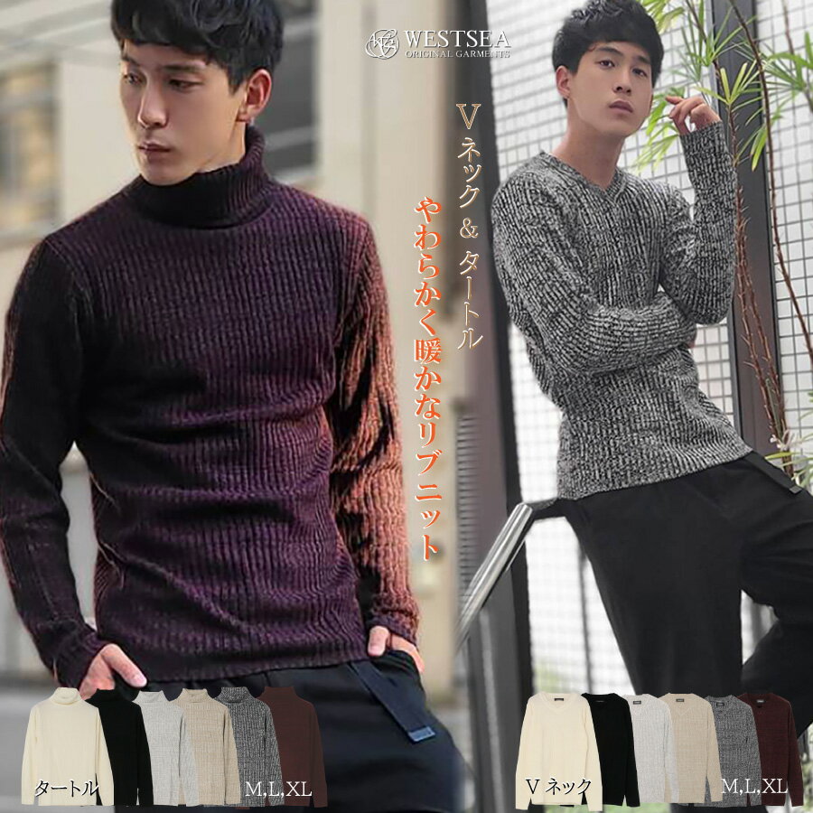 【冬物在庫処分2990→999】リブニット セーター メンズ レディース vネック 長袖 ローゲージニット タートルネック ハイネック シンプル きれいめ おし...