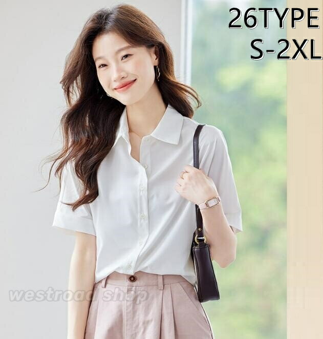 Sleeveless - 26TYPE 春夏 半袖 シャツ レディース シャツ ブラウス Vネック トップス 袖なし Yシャツ 無地 着痩せ きれいめ おしゃれ フォーマル オフィスシャツ 通勤 OL 夏服 エレガント シンプル カジュアル