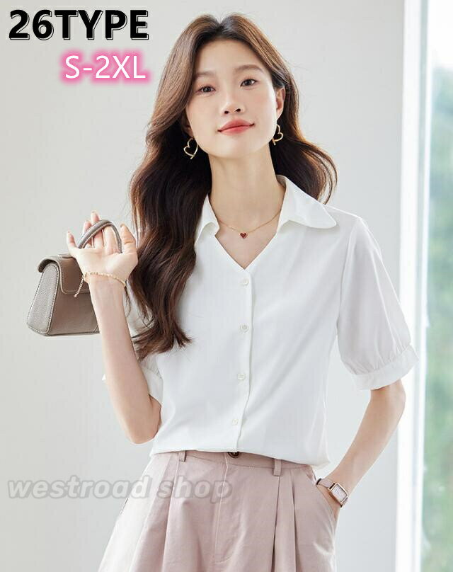 乐天商城 - 26TYPE 春夏 半袖 シャツ レディース シャツ ブラウス 無地 リボン Yシャツ 着痩せ きれいめ おしゃれ フォーマル オフィスシャツ 通勤 OL エレガント 涼しい 夏服 トップス シンプル カジュアル
