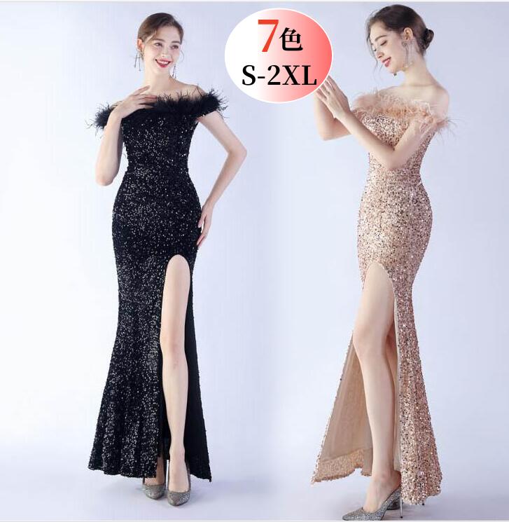 【交換無料】スパンコール衣装 キラキラ ファー付き ワンピ オフショルワンピース ドレス 披露宴 二次会 キャバドレス ロングドレス タイト スリット入り 無地...