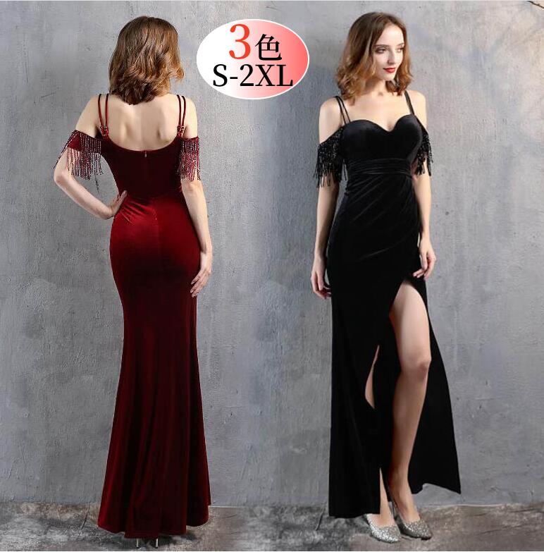 イブニングドレス フォーマル ワンピース ドレス パーティードレス 大人 ピアノ 発表会 ドレス お呼ばれ ベロア フリンジ マーメイド ドレス タイト キレイ...