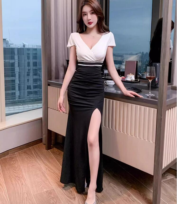 乐天商城 - 超深Vネック 半袖 ワンピース ドレス ナイトドレス キレイめ パーティードレス キャバドレス スリット入り タイトワンピース セクシー フェミニン キャバ嬢 大人 夜店風 コスプレ クラブ イベント お出かけ 女性 二次会 おしゃれ