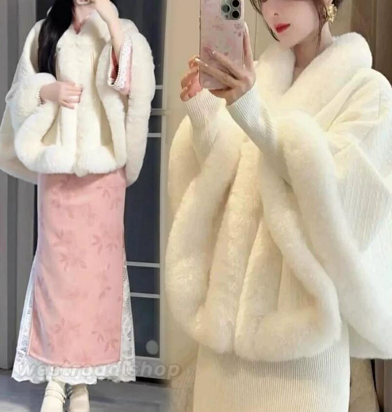 ファー付きケープレディースショール...