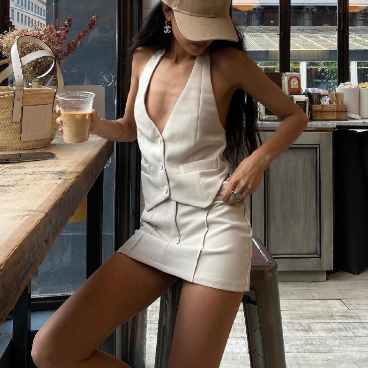 送料無料 セットアップ ベスト スカート 上下セット Vネック ベストスーツ レディース ショート丈スカート ノースリーブ ジャケット ホルター トップス タイト ミニスカート セクシー 春 夏 ダンス ステージ 大人可愛い おしゃれ