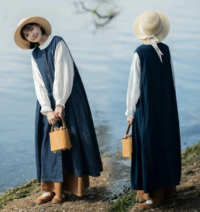 ラウンドネック デニム レディース ノースリーブ ワンピース フロントボタン ロングジレ ベスト ロング丈 着痩せ アウター トップス 羽織り 無地 春秋 デイリーコーデ 体型カバー ゆったり カジュアル 大きいサイズ 30代 40代 50代のサムネイル