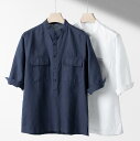 リネンシャツ メンズ 半袖シャツ 綿麻シャツ tシャツ ゆったり 立襟 胸ポケット 無地 通気性 春 夏 男性用 おしゃれ アウター トップス カジュアル 普段...