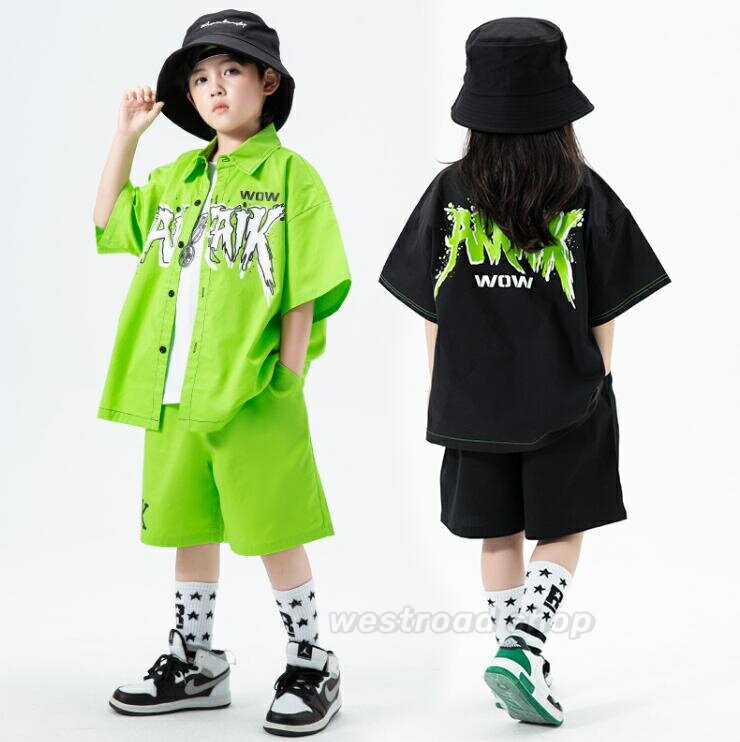 かっこいい ダンス衣装 キッズ セットアップ 半袖シャツ 短パンツ 女の子 男の子 子供服 カジュアル おしゃれ キッズダンス衣装 トップス 黒 グリーン レッ...