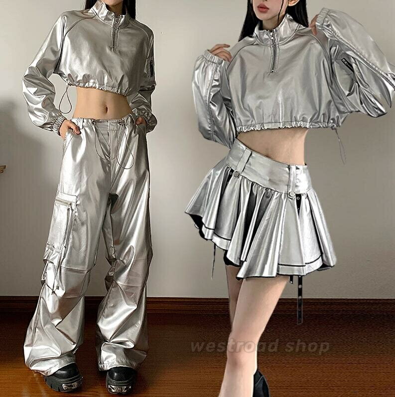 乐天商城 - 光沢 シルバー ダンス衣装 長袖 へそ出し トップス カーゴパンツ ミニフレアスカート レディース 単品/セットアップ HIPHOP ヒップホップ パーカー ダンス 衣装 大人 ステージ衣装 おしゃれ 韓国 k-pop ジャズダンス ダンスウェア 女性用 演出服 原宿 韓国ファッション
