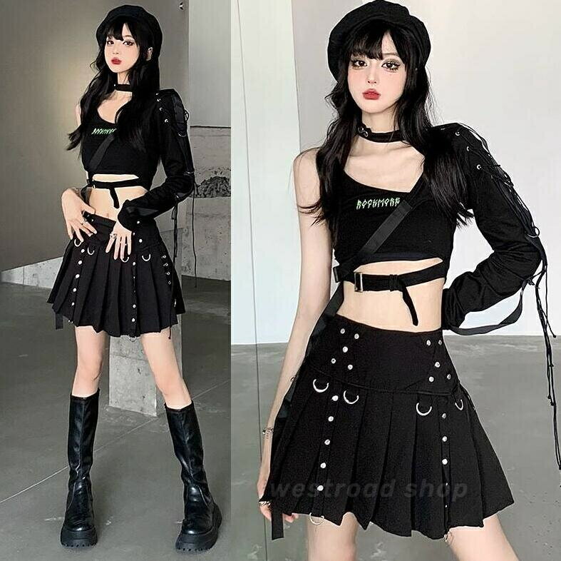 長袖ワンショルダー タンクトップ プリーツスカート ダンス衣装 単品/上下セットアップ ショート丈 レディース へそ出し トップス パーカー 大人 ダンス 衣装 ヒップホップ コスプレ 原宿系 演出服 女性用 ダンスウェア おしゃれ