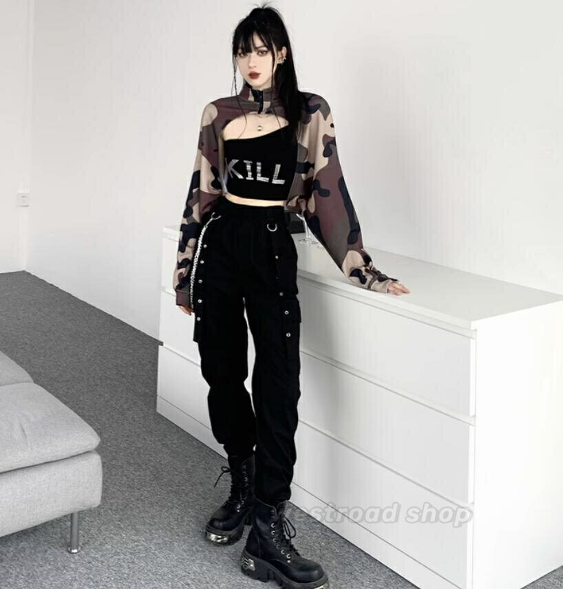 Rakuten - ダンス衣装 単品/セットアップ へそ出し 長袖 迷彩柄トップス カーゴパンツ レディース ヒップホップ HIPHOP ダンス衣装 大人 女性用カジュアル イベント ジャズダンス衣装 k-pop ステージ衣装 演出服 原宿 ストリート 韓国ファッション おしゃれ