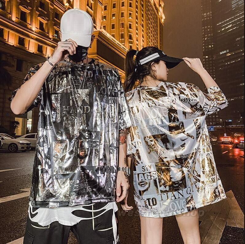 Coat - 光沢 7分袖 Tシャツ ダンス 衣装 メンズ レディース ビッグシルエット 大きいサイズ ヒップホップ HIPHOP ダンス衣装 トップス ストリート系 ジャズダンス衣装 韓国K-POP ダンスウェア シルバー ステージ衣装 舞台 演出服 韓国ファッション おしゃれ