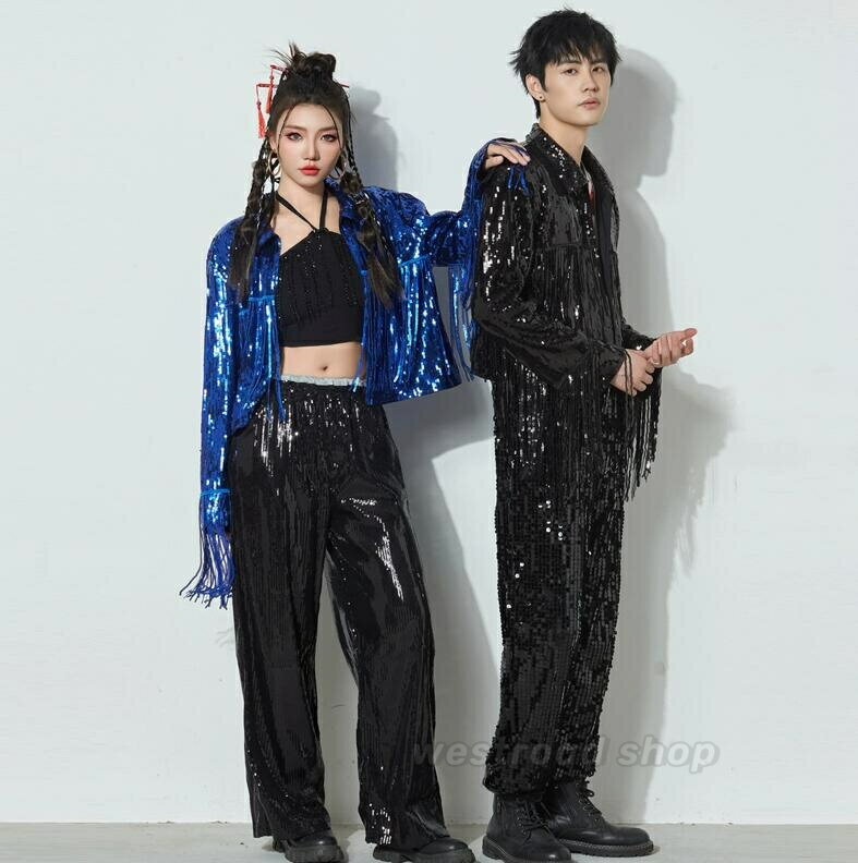 乐天商城 - オシャレ フリンジ スパンコール 長袖ジャケット ロングパンツ 単品/セットアップ ダンス衣装 メンズ レディース パンク ロック ダンス衣装 ヒップホップ HIPHOP ストリート系 キラキラ ステージ衣装 舞台 演出服 かっこいい ダンスウェア ファッション