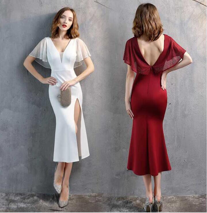 4色 人魚マーメイドワンピース ドレス ロング丈 ミモレ丈 Vネック パーティードレス ウェディングドレス イブニングドレス タイトワンピース スリットワンピー...