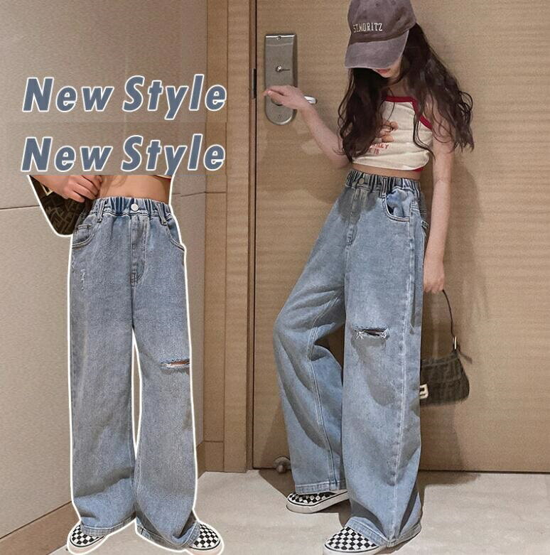 120 130 140 150 160 170cm ウエストゴム デニムパンツ 女の子 ジーンズ ストレートパンツ デニムワイドパンツ カジュアル ロングパンツ...
