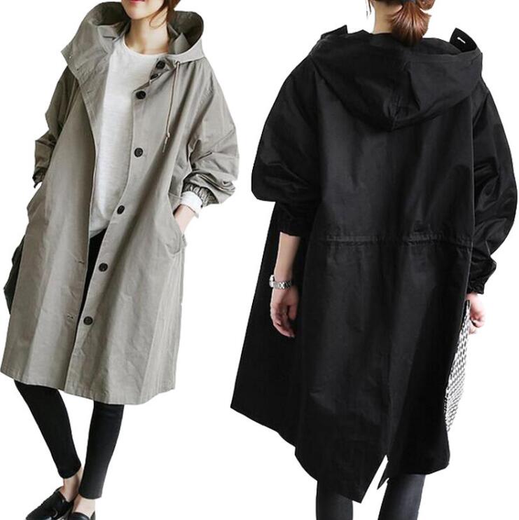 Turn-Down Collar Coat - 2COLOR トレンチコート レディース 春秋コート スプリングコート ロングコート アウター ジャケット ゆったり フード付き 薄手 レディースファッション カジュアル 大きいサイズ 通勤 通学 シンプル きれいめ