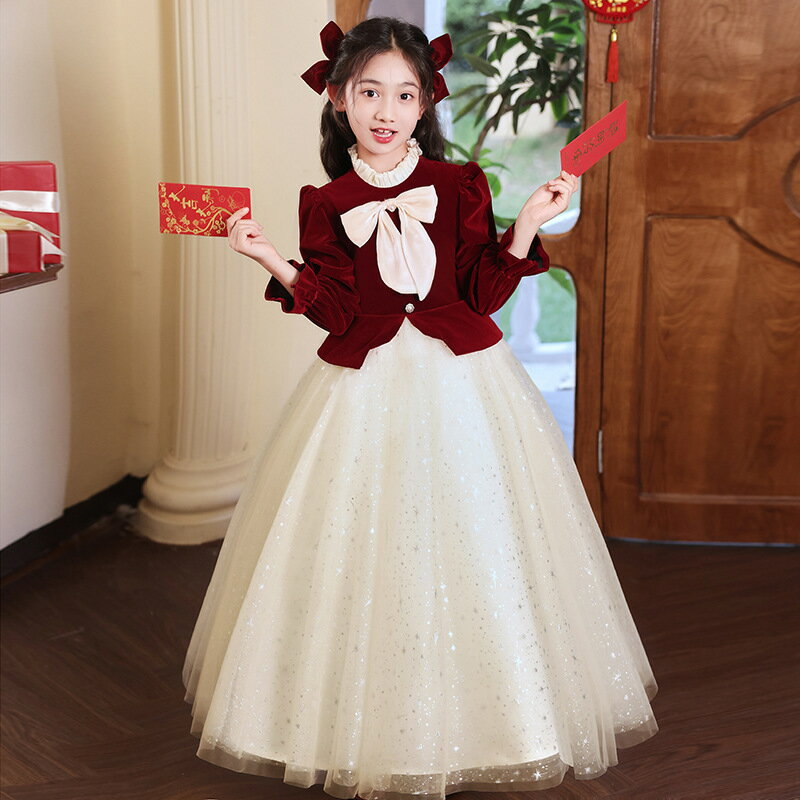 子供ドレス 誕生日 ドレス フォーマル ピアノ発表会 ドレス 女の子 ジュニアドレス プチハイネック ベロア切り替え 蝶結び 長袖 秋冬 おしゃれ 結婚式 演奏...