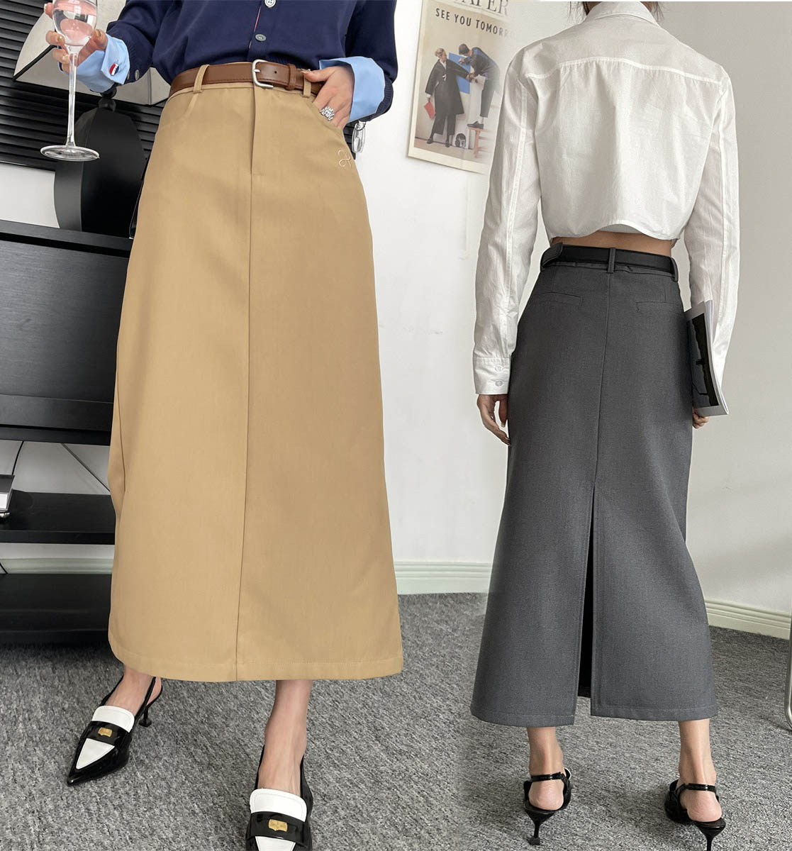 ロングスカート マキシ丈 刺繍ロゴ レディース Aラインスカート ストレート タイト スリット入り ベルト付き ポケット付き ハイウエスト 大きいサイズ 秋冬 ボトムス シングル 大人 上品 きれいめ おしゃれ 通勤 結婚式 二次会 着痩せ 脚長 高見え