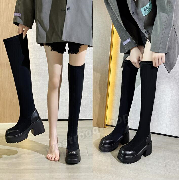 レディース ニーハイブーツ ソックスブーツ ロングブーツ ブラック 暖かいブーツ 美脚ブーツ 太めヒール 痛くない 疲れにくい 細見せ 滑り止め おしゃれ 無地 カジュアル 防寒 春秋冬 ヒール10cm 裏起毛あり/無し 結婚式 入学式 卒業式 発表会 通勤 通学 デート(4)