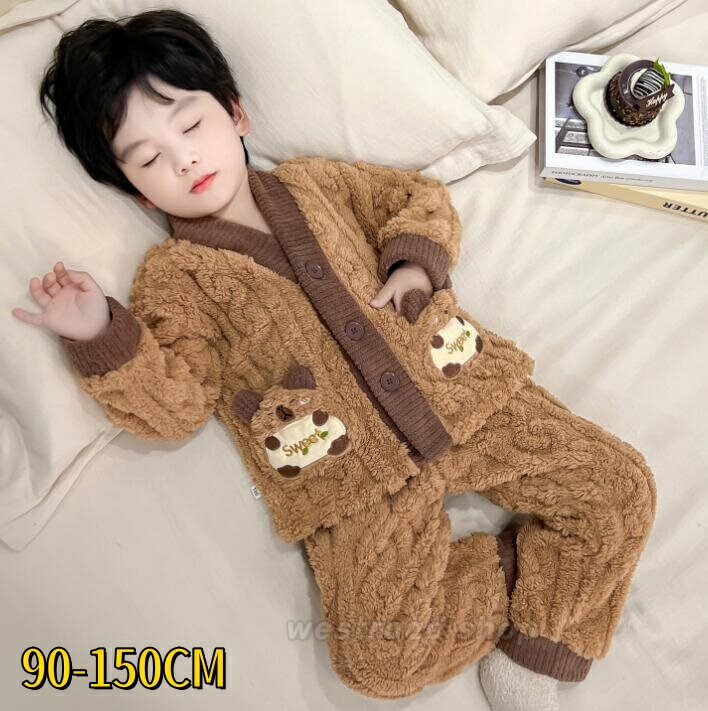 キッズ 子供パジャマ ベビー服 女の子 男の子 冬用 長袖トップス パンツ 上下セットアップ 部屋着 ルームウェア 前開き ボタン ふわふこ 厚手 防寒 暖かい...