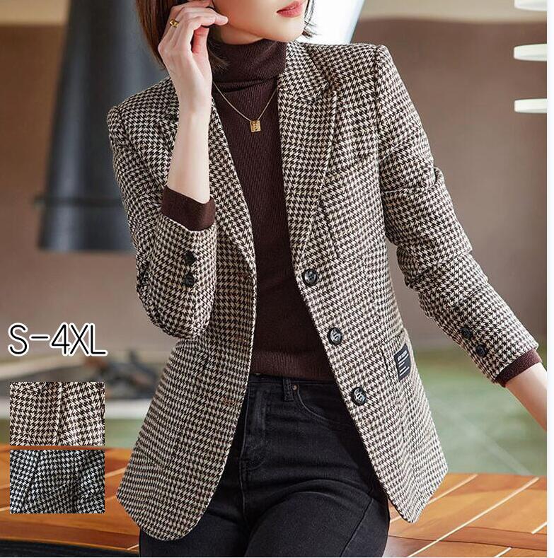 ジャケット レディース テーラードジャケット 千鳥柄 スーツジャケット ミドル丈 カジュアルスーツ コート ミディアム トップス 羽織り 中厚手 長袖 アウター...