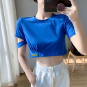 クルーネック ティーシャツ 半袖 へそ出し Tシャツ レディース カシュクール ショート丈 ゆったり 無地 トップス レッスン着 ヒップホップ フィットネス 伸...