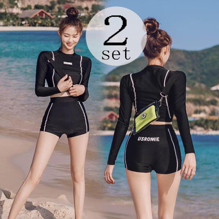 競泳 スイム 温泉 フィットネス レディース 水着 長袖 ラッシュガード UVカット 紫外線 スポーツ ママ水着 おしゃれ パット付き パンツ 上下セット おしゃれ