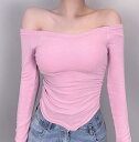 オフショルダー 長袖 レディース トップス プルオーバーtシャツ レオタード タイトTシャツ 無地 ギャザー 薄手 スリム フィット 伸縮性 お洒落 フェミニン...