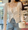 フリーサイズ カジュアル Tシャツ レディース ホワイト 2点セット カシュクール 前開き 長袖コート キャミソール 無地 伸縮性 スレンダーライン 着痩せ オ...