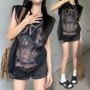 タンクトップ レディース カットソー 夏新作 ノースリーブ Tシャツ トップス T-shirt プリント プルオーバー 丸首 ゆったり tシャツ 重ね着 チュニ...