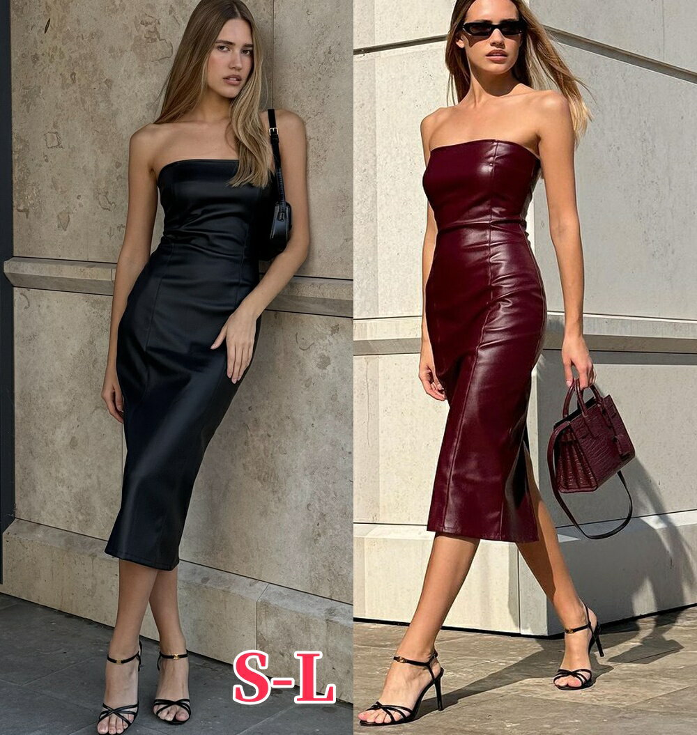 フェイクレザー ワンピース ベアトップワンピース タイトワンピ スリム パーティードレス キャバ嬢 ワンピース ミモレ丈 お呼ばれ 披露宴 二次会 PU レザー...
