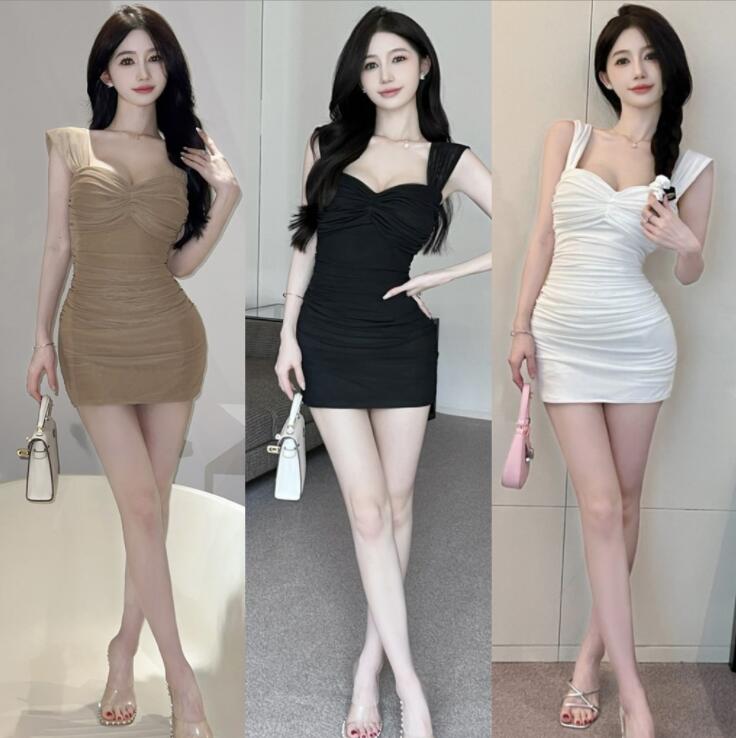 ワンピース レディース 春 夏 タイトワンピ ミニワンピース 大人 キャバドレス ストレッチ 胸元セクシー ギャザー ヒップラップ スリム 着痩せ ノースリーブ...