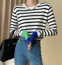 クルーネック ティーシャツ ニット レディース トップス 長袖 ニットソー ボーダー柄 プルオーバー チュニック トップス ゆったり カジュアル 体型カバー 着...