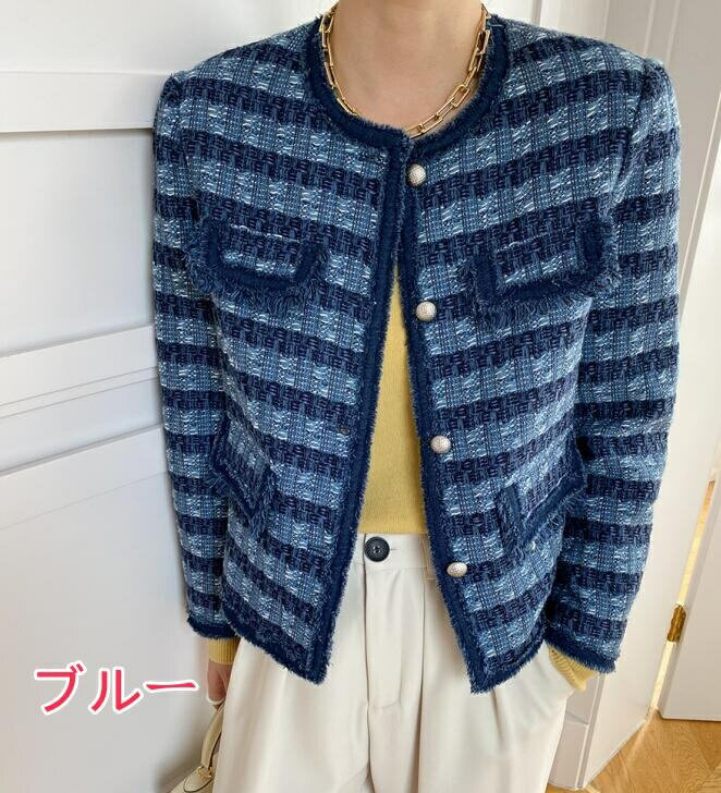 韓国ファッション アウター ジャケット ショートコート レディース ツイードジャケット ノーカラージャケット ラウンンドネック ボタン シングル オフィスカジュアル ビジネス 結婚式 卒業式 スーツ オフィス 通勤OL 高級 上品 フォーマル ママスーツ 送料無料