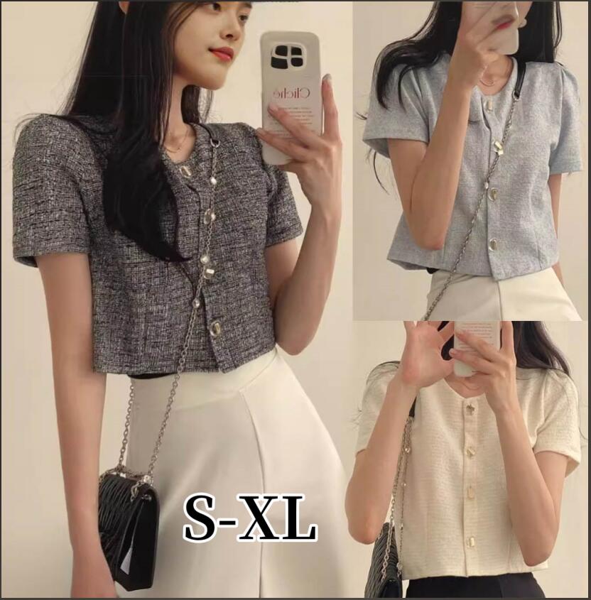 全3色 テーラードジャケット レディース 薄手 夏服 サマー ジャケット 半袖 ツイードジャケット アウター ショート丈 きれいめ トップス ノーカラージャケット 通勤OL お出かけのサムネイル