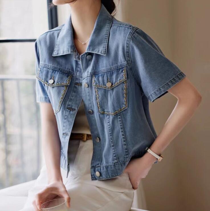 送料無料 デニム半袖ジャケット レディース デニムジャケット 無地 前開き シンプル ゆったり 大きいサイズ 春夏 ジャケット おしゃれ 重ね着 ママコーデ カジュアル 通勤 OL 着痩せ 30代 40代 50代