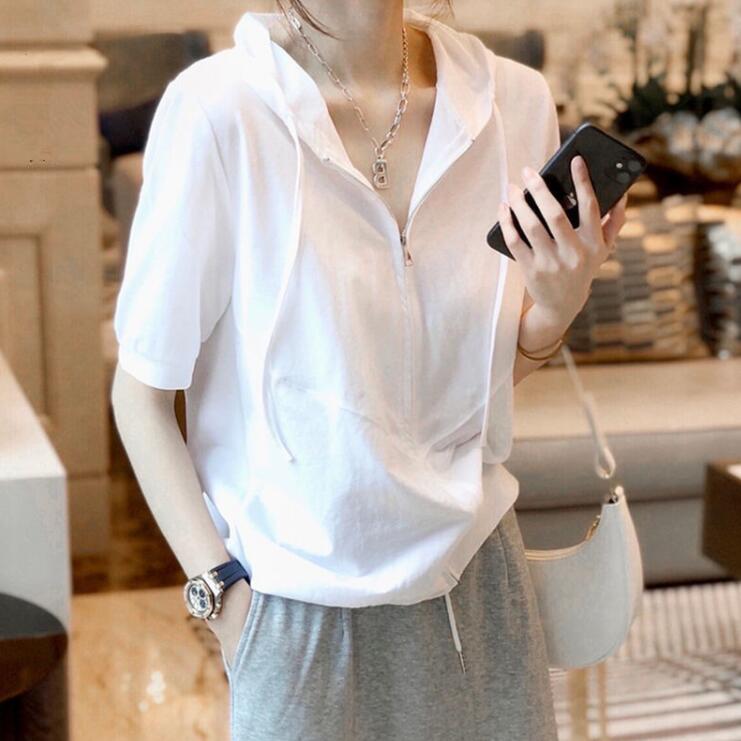 乐天商城 - プルオーバー パーカー UVカット レディース 夏 カットソー トップス ハーフジップ 半袖 薄手 tシャツ スウェット ゆったり 大きいサイズ 無地 綿 ジョギング スポーツ 吸汗 速乾 カジュアル おしゃれ ホワイト ママコーデ 30代 40代