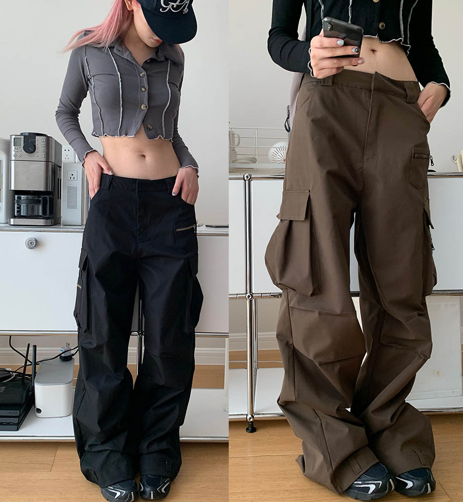 乐天商城 - S-L カーゴパンツ ローライズ 長ズボン ポケット付き ボトムス 韓国ファッション レディース ワイドパンツ イージーパンツ ワークパンツ ゆったり シンプル カジュアル 大きいサイズ 春 秋 きれいめ 大人 女性用 上品 20代30代40代