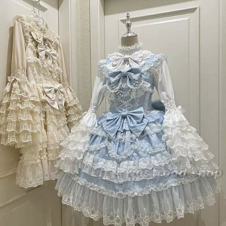 乐天商城 - ロリータワンピース ドレス 姫ロリ 甘ロリ 花嫁 結婚式 お姫様ドレス ミモレ丈 長袖ブラウス 大人 女子 可愛い ロリータドレス コスチューム 衣装 Lolita 女の子 中校生 高校生 ステージ 衣装 イベント 服 裾フリル リボン ロリータ 服 大きいサイズ 文化祭 学園祭