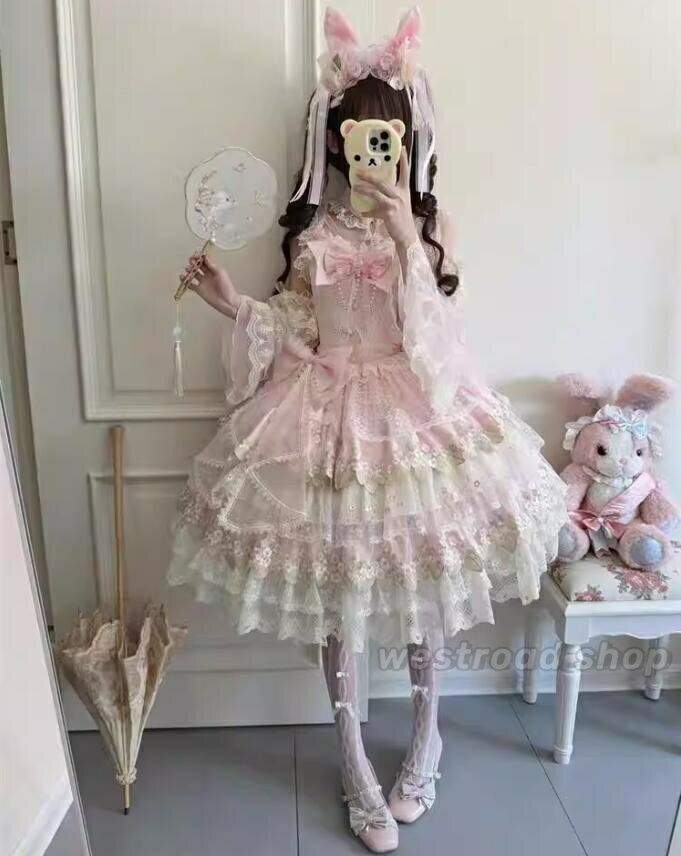 Rakuten - ロリータワンピース ドレス プリンセス 花嫁 お姫様可愛いドレス ミモレ丈 裾フリル リボン 長袖 姫ロリ 甘ロリ 大人 女の子 高校生 ゴスロリ ロリータドレス ロリータ服 ロリータ ジャンパースカート ワンピース Lolita ステージ 衣装 イベント 服 文化祭 学園祭 ピンク