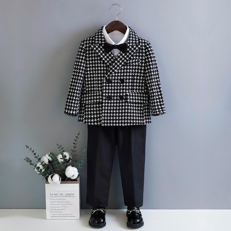 (ジャケット+パンツ+シャツ+蝶ネクタイ)子供スーツ キッズ カジュアルスーツ 千鳥格子柄 男の子 子供服 上下セット テーラードジャケット ロングパンツ セッ...