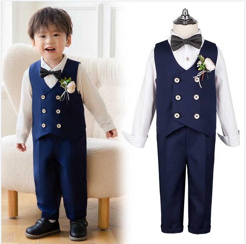 送料無料(ベスト+パンツ+蝶結び+花ブローチ)子供スーツ キッズスーツ セットアップ 4点セット 子供服 男の子スーツ 卒業式 入学式 七五三 披露宴 演奏会 ...