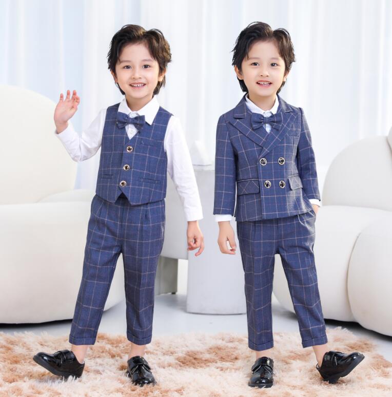 乐天商城 - 男の子 スーツ キッズスーツ フォーマル スーツ 発表会入学式 スーツ キッズ ジュニア 紳士服 七五三 子供スーツ ベビースーツ入学式 誕生日 入園式 （ジャケット+ベスト+パンツ+蝶ネクタイ） パンツスーツ チェック柄 キッズスーツ セットアップ 4点セット