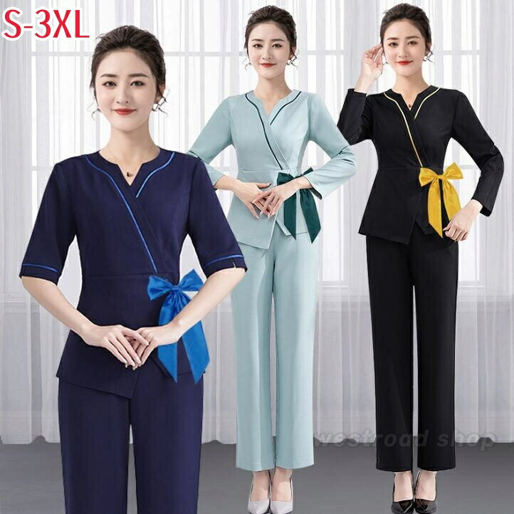 2TYPE Vネック リボン 七分袖 半袖ジャケット+パンツ パンツスーツ セットアップ ユニフォーム 美容 サロン 制服 上下セット レディース サロン女性 制服 サロンウェア スリム 仕事 ホテル 美容院 保育園 介護士 美容鍼灸 動きやすい 女性 制服 おしゃれ