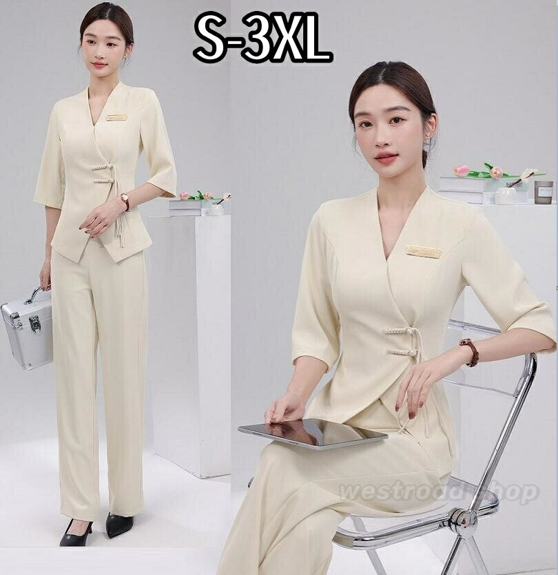 ユニフォーム 女性用 制服 ストレッチ 七分袖ジャケット パンツスーツ レディース スリム 細見え 上下..