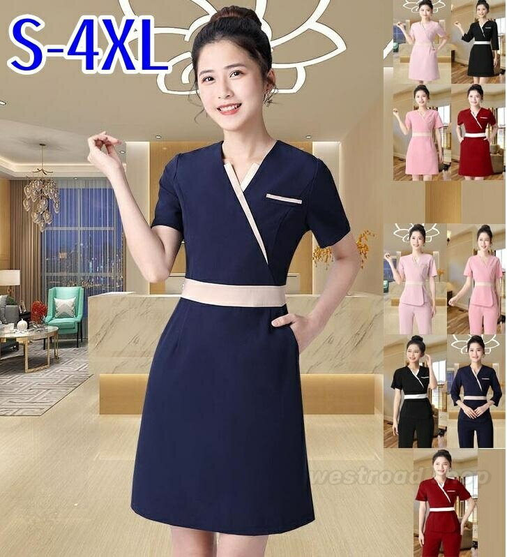 2TYPE ユニフォーム 女性 制服 半袖 ワンピース パンツスーツ 上下セット レディース Vネック スリム ..