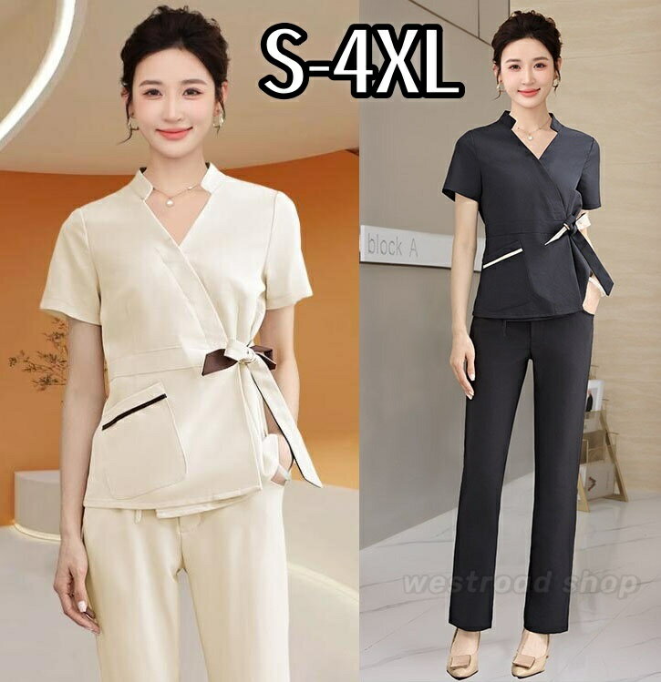2TYPE ユニフォーム 女性 制服 半袖 ワンピース パンツスーツ 上下セット レディース Vネック スリム ..