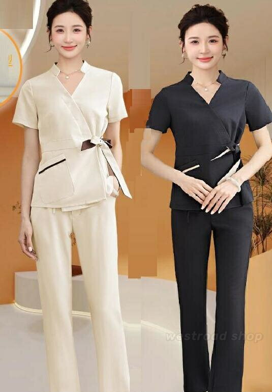 2TYPE ユニフォーム 女性 制服 半袖 ワンピース パンツスーツ 上下セット レディース Vネック スリム 細見え 無地 おしゃれ エステ ネイル サロン サロンウェア 美容院 制服 仕事 ホテル 保育園 介護士 スパ SPA 美容 歯科 2