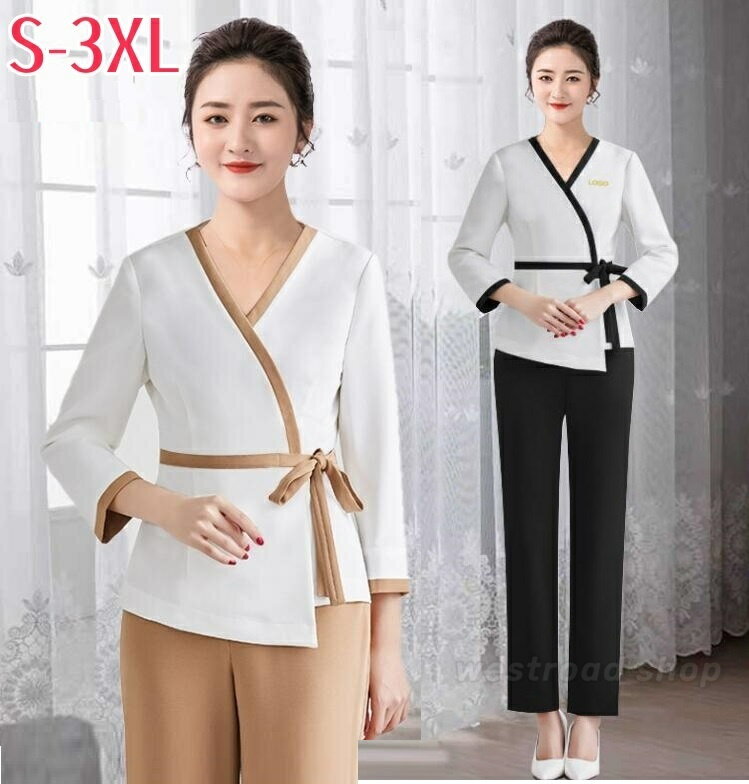 エステ サロン ユニフォーム 女性 制服 おしゃれ Vネック 7分袖/半袖ジャケット+パンツ パンツスーツ ..