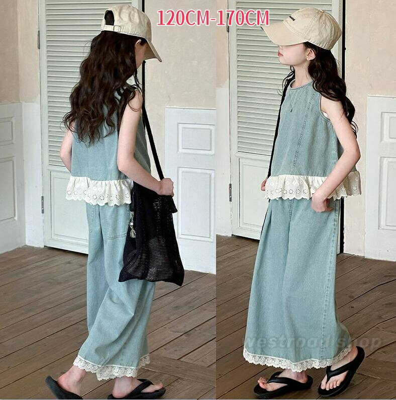 キッズ デニム上下 子供 カジュアル セットアップ デニムシャツ デニムパンツ 袖なし トップス ブラウス ワイドパンツ女の子 春夏 ベビー服 子供服 ガールズ...